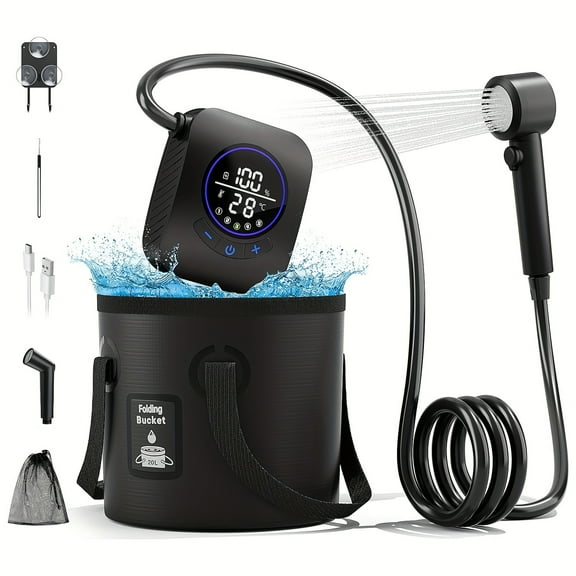 Portable Shower for Camping, 8000Mah Rechargeable Camping Shower Pump, 5 Shower Modes, with 5-Gallon Foldable Bucket & Spray Gun Head, Outdoor Shower for Hiking, Travel, Car, Pet, Beach, RV, Boat