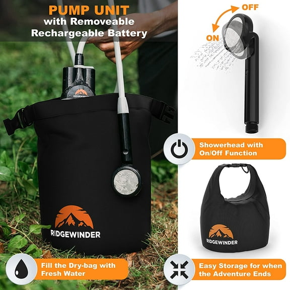 Portable Shower for Camping with Dry Bag - Camp Shower with Rechargeable Battery and Included 10L Dry Bag for Water Storage. Complete Camping Shower in a Bag (+Sprayer Attachment)