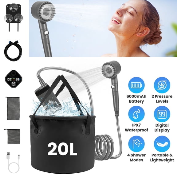 Portable Shower for Camping Include IPX7 Waterproof 6000mAh Rechargeable Shower Pump Filtered Shower Head 5.3Gallon Foldable Bucket For Hiking Beach Travel Car Pet GPCT5370
