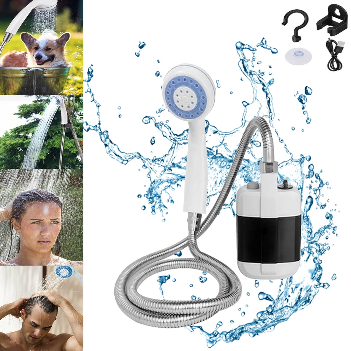 HQinX Portable Camping Shower Pump - Rechargeable Outdoor Shower Head Sprayer, 4800mAh Battery Pumps Water from Bucket. Perfect for Camping, Hiking, Travel, Car Washing & Pet Cleaning