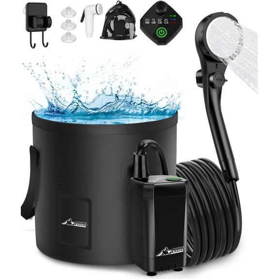 Portable Shower for Camping, Outdoor Electric Shower Rechargeable Pump with 20L Collapsible Bucket, Camping Shower Head Nozzle for Camping, Hiking, Traveling, Washing