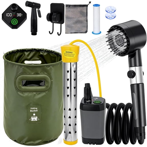 Portable Shower with Heater, 6000mAh - Portable Camping Shower Pump with 1500W Auto-Off Heater, 5.3Gal Foldable Bucket, Digital Display - Ideal for Hiking, RV, Bathing