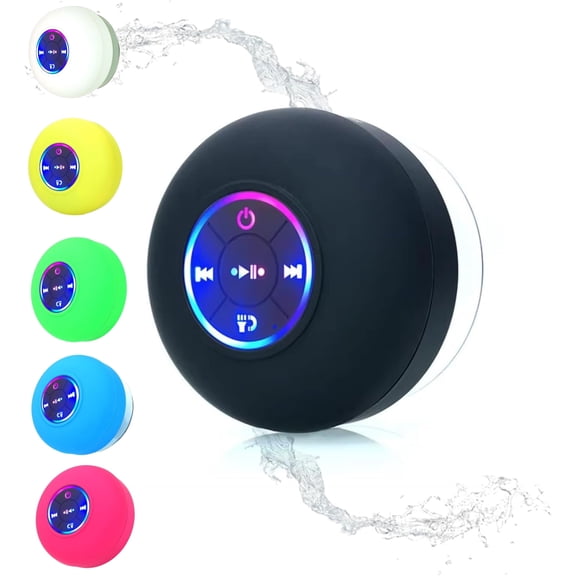 Portable Shower Speaker with Suction Cup - IPX7 Waterproof Wireless Bluetooth 5.3 Mini Speaker with LED Light, Handsfree Mic for Bathroom, Travel, Pool, Beach(Black)
