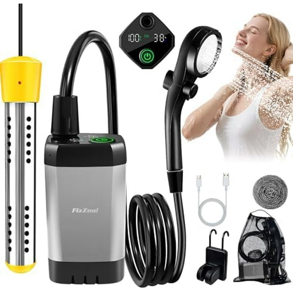 Portable Shower with Heater (2000W Auto-Off): 4 Spray Modes, -Min Use, LED Display & Pump Outdoor Shower for Camping, Hiking, Travel, Car, Pet