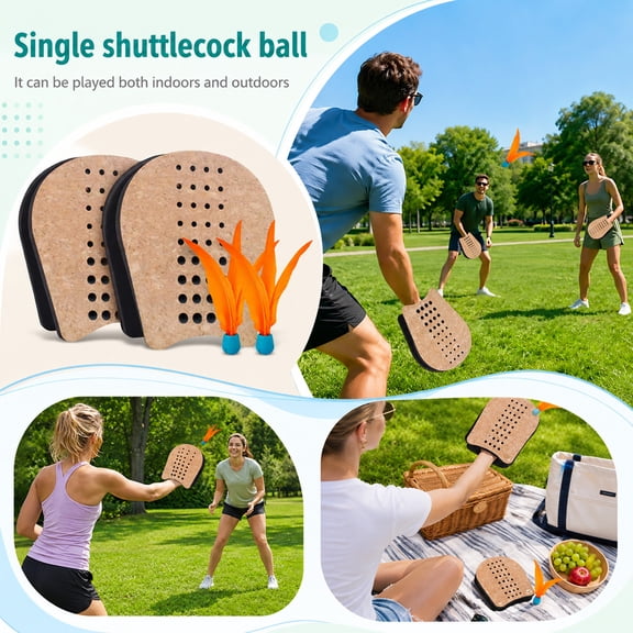 Portable Shuttlecock Paddle Game Kit, 2 Cork Surface Rackets & 2 Feather Shuttlecocks, Lightweight Indoor Outdoor Family Sports Toy For Backyard Picnic Camping Lawn Leisure