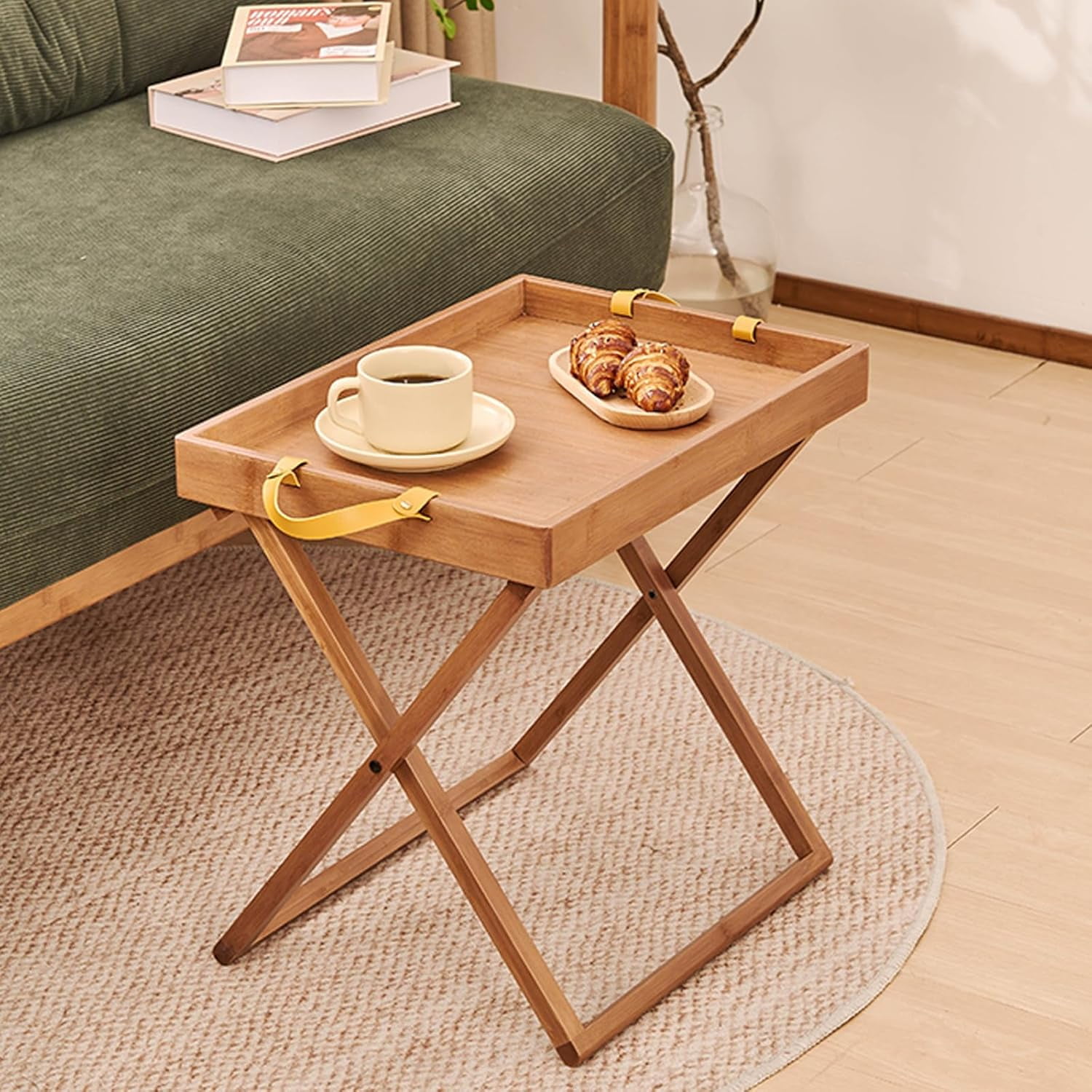 Bamboo Folding Side Table with Detachable Serving Tray Living Room 17 Stories