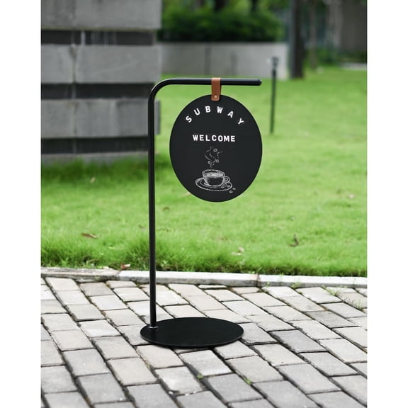 Portable Sidewalk Sign Round Metal Chalkboard Stand with Magnetic Letters & Writable Surface | 2-in-1 Welcome Board for Caf, Restaurant, Retail Store, Event Booth, Gallery Entrance (Black Base)