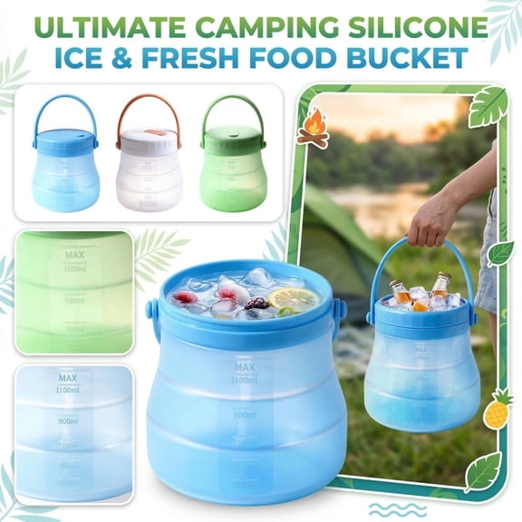 Portable Silicone Food Storage Container, Outdoor Camping Cooler Bucket, Leak Proof With Handle, For Fruits Vegetables Drinks, 1200Ml Blue