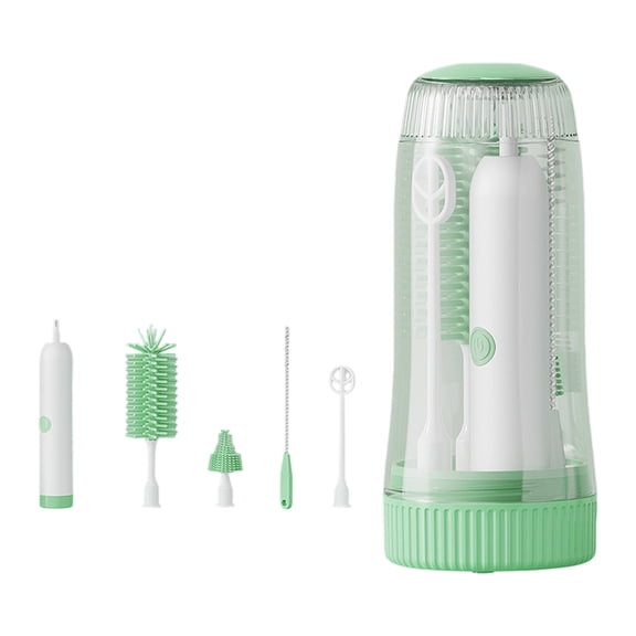 Portable Silicone Student Bottle Brush Set, Usb Electric Student Bottle Scrubber with Uv Function, Waterproof Nipple Brush Straw Brush Mixing Wand Translucent Green Storage Case,