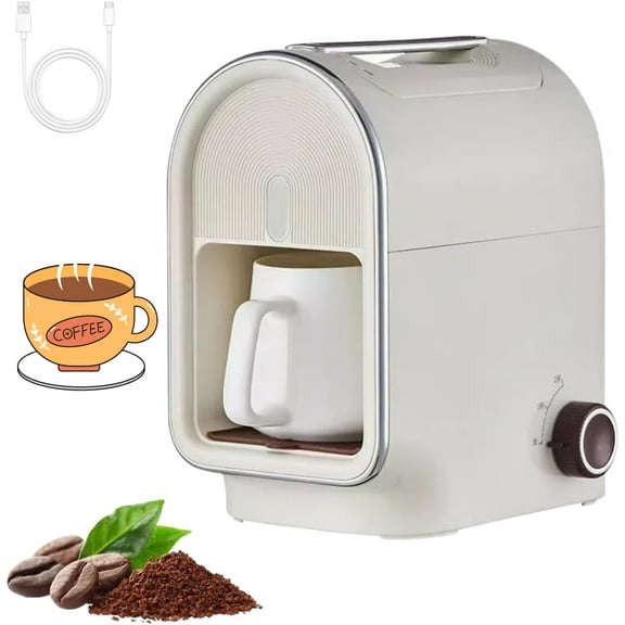 Portable Single Serve Coffee Maker,Mini Drip Coffee Machine for Grounds with Reusable Filter & Ceramic Cup, 5-8oz Capacity for Travel, RV, Truck, Office, Home, Auto Shut Off