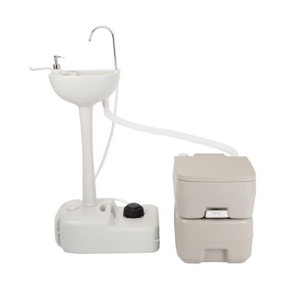 Portable Sink and Toilet Combo for Camping RV Travel, 5 Gallon Hand Washing Station with 5.3 Gallon Flushing Toilet, Detachable Wastewater Recycling System, Outdoor Use, White