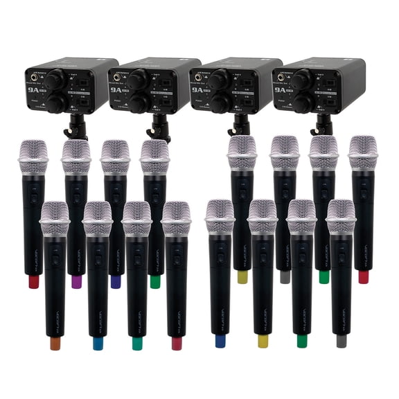 Portable Sixteen Handheld Field-Camera-Mountable Wireless Microphone System.
