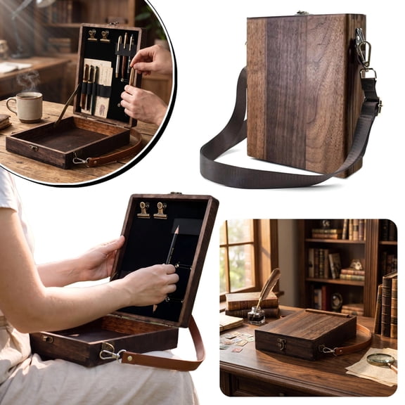 Portable Sketch Box Wooden Writer Messenger Box, Vintage Crossbody Storage Case with Shoulder Strap, Multi Purpose Outdoor Drawing Carrier Box for Artists and Creators