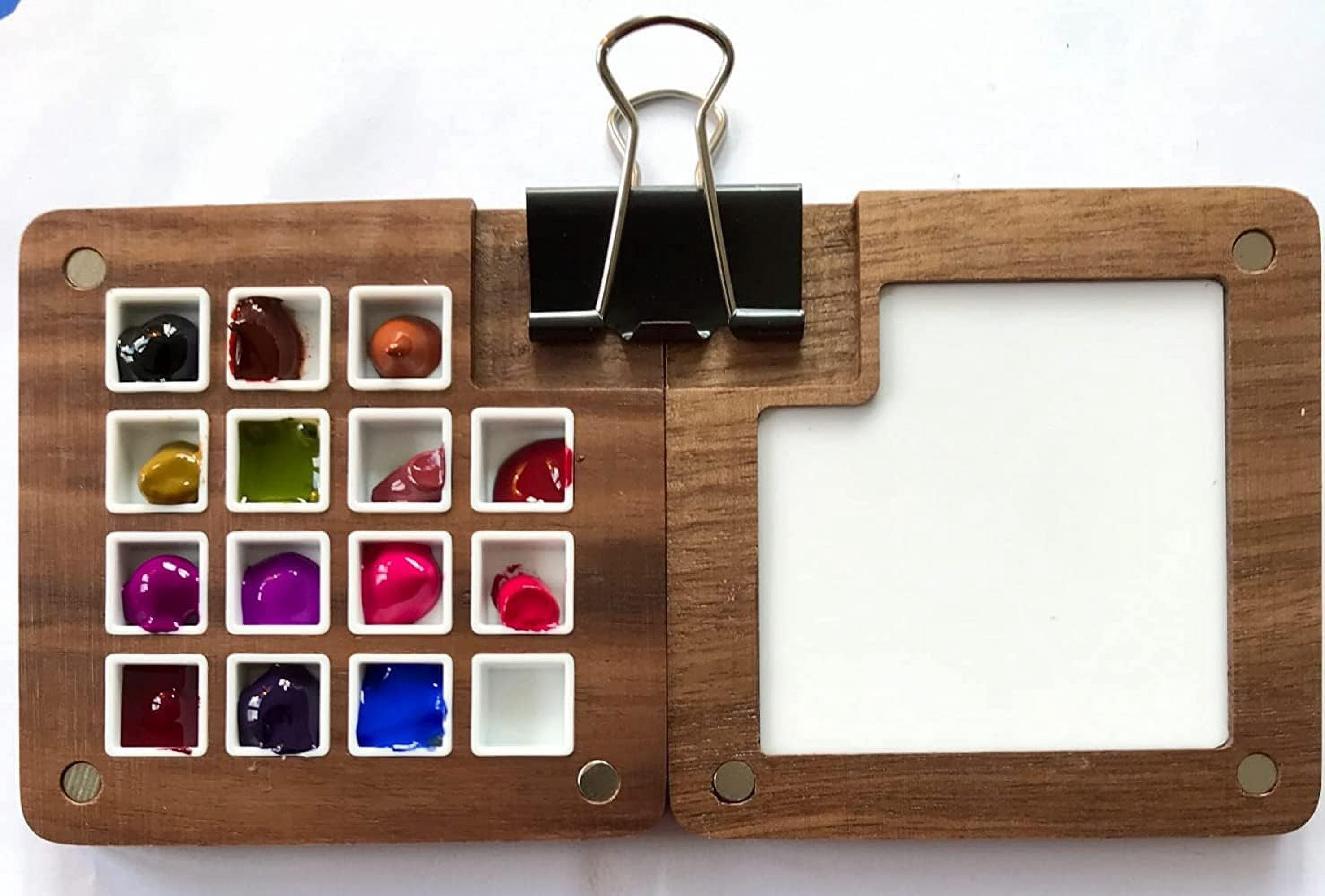 Portable Sketchbook 15 Grids Wooden Mini Travel Paint Magnetic Box for Watercolor Painting, Acrylic Painting Paint Saver with Lid and Mixing Tray