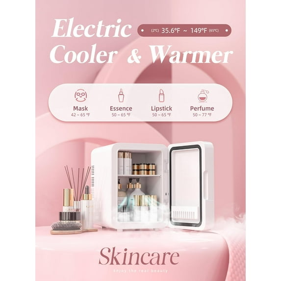 Portable Skincare Fridge with LED Mirror, Cold and Warm Dual Use for Makeup, Skin Care & Food