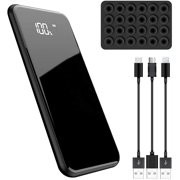Portable Slim Power Bank Compatible with Samsung Galaxy S20 FE 5G at 10,000 with Qi Wireless, Dual Ports, Digital Display Screen, Status Update, 3 Cables Included! (Black)