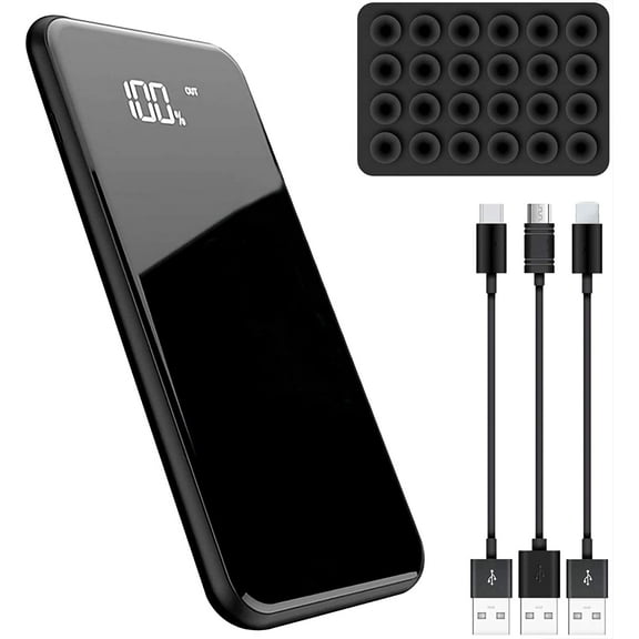 Portable Slim Power Bank Compatible with Samsung Galaxy S22+/ 5G/Plus/Ultra at 10,000 with Qi Wireless, Dual Ports, Digital Display Screen, Status Update, 3 Cables Included! (Black)