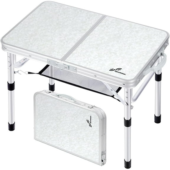 Portable Small Adjustable Camping Folding Table with Double Height Option & Mesh Storage Layer, Essential Outdoor Gear for Garden, Picnic, Camping & BBQ Cooking