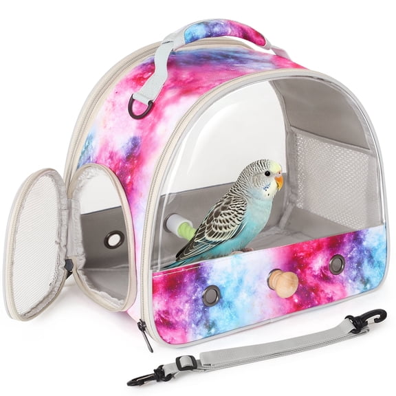 Portable Small Bird Travel Carrier Cage with Stand Perch, Bird Carrier to Carry Parakeet Budgies Parrot Cockatiel Conure Outdoor, Front Clear Window with Galaxy Pink Printing