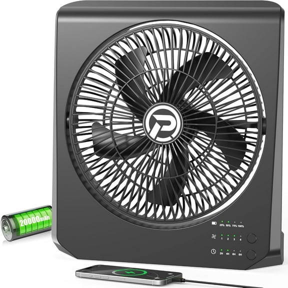 Portable Small Box Fan, Rechargeable Battery Operated, Max 55Hrs Cooling, 4 Speeds, 270 Pivoting, Cordless Square Table Fan with Timer for Window Bedroom Kitchen Office Power Outage