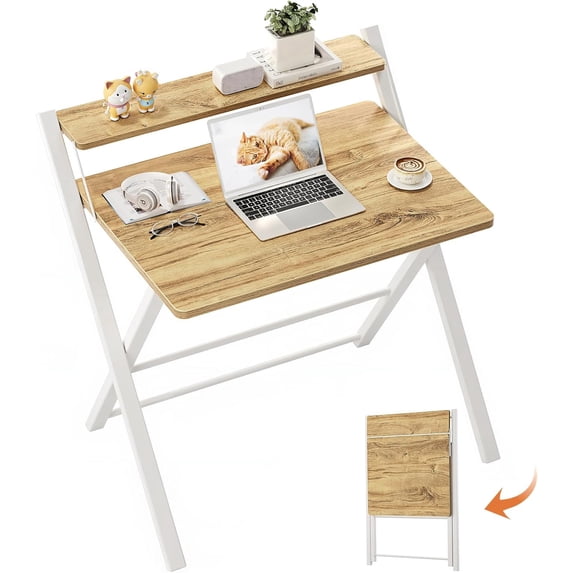 Portable Small Desk No Assembly, 2-Tier Compact Computer Desk with Shelf, Space Saving Foldable Table for Home Office, Bedroom or Apartment, Portable Collapsible Sturdy Laptop Desk, Oak
