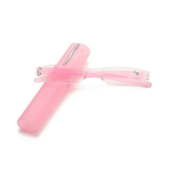 Portable Small Rectangle Pink Clear Reading Glasses 2.00 With Pen Holder for Women and Men, Plastic Light Weight Readers +2.00