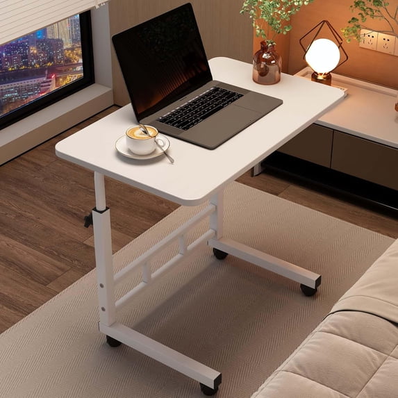 Portable Small Standing Desk with Wheels, Adjustable Height Rolling Laptop Computer Table on Casters, Mobile Sit Stand Desk for Home Office, Study, Bedroom (White)