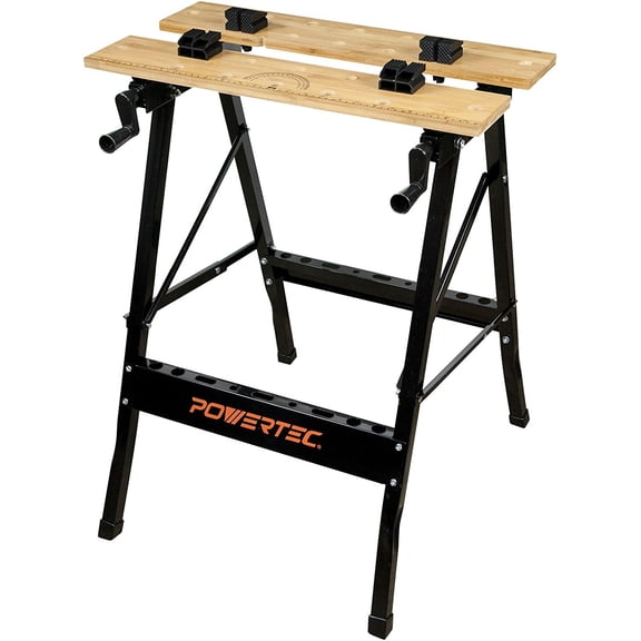 Portable Small Workbench with Vise, Imprinted Ruler and Protractor Scale, Folding Sawhorse/Worktable and 4 Bench Dogs for Woodworking Projects (MT4006)