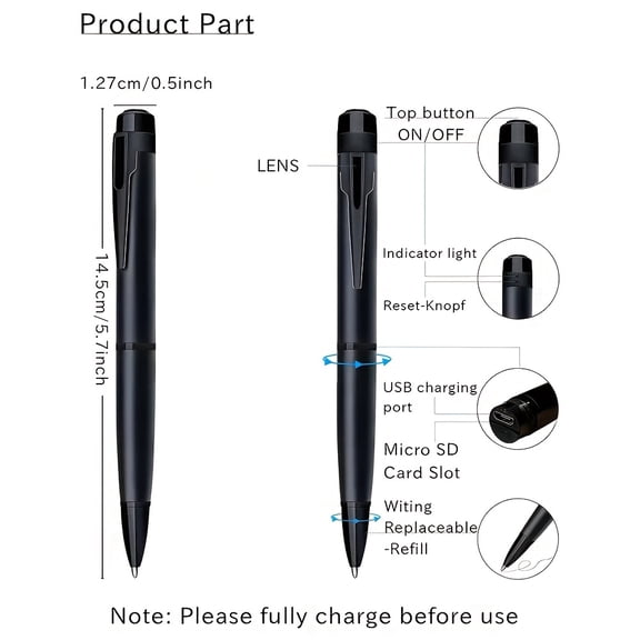 This Is a Portable Smart Pen Camera with 1080P HD Quality, Capable of Recording Both Audio And Video. It Includes a 64GB SD Card for Storage, Features One-Touch Recording, Motion Detection