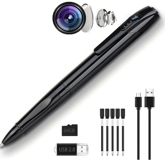 This Is a Portable Smart Pen Camera with 1080P HD Quality, Capable of Recording Both Audio And Video. It Includes a 64GB SD Card for Storage, Features One-Touch Recording, Motion Detection