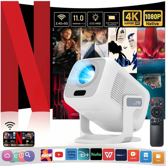 Portable Smart Projector with 4K Decoding | Local 1080P Full HD, 650 ANSI Lumens | Android 11, Auto Focus/Keystone Correction, WiFi 6 for Home Theater/Movies/Gaming