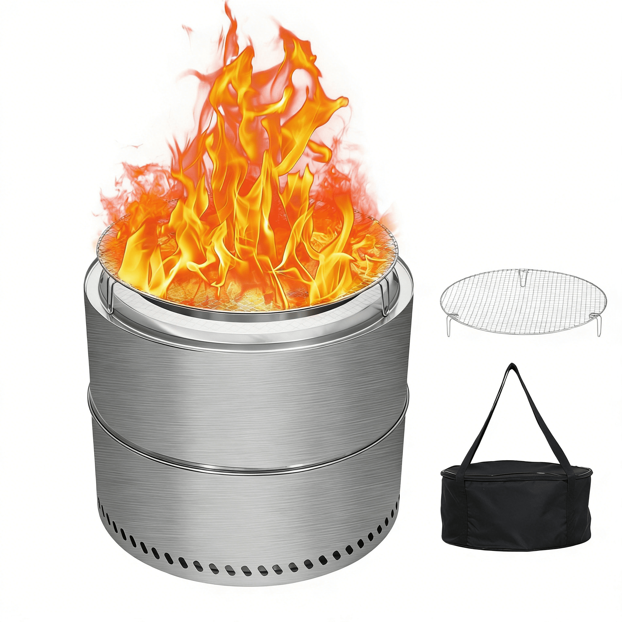 Portable Smokeless Fire Pit with Grill Grate, Removable Ash Tray, Carry Bag, Stainless Steel, for Outdoor Use (19.1 Inch)