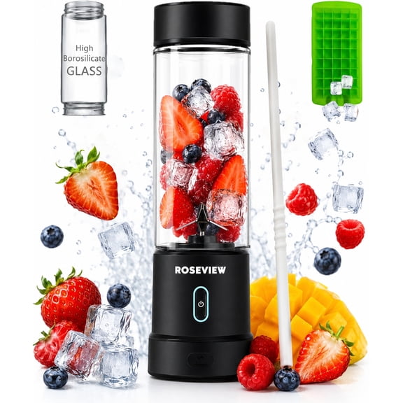 Portable Smoothie blender ROSEVIEW Glass bottle 200W 15 oZ USB rechargeable mini Handheld Ice Shakes Cup blend juicer Cordless blender Personal smoothies maker Fruit mixer