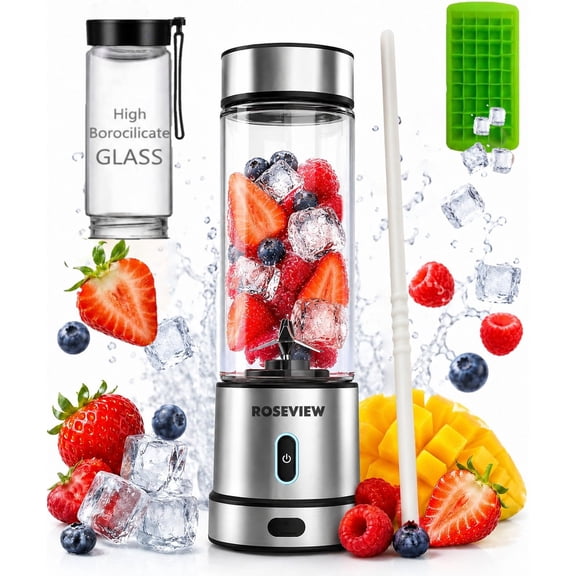 Portable Smoothie blender ROSEVIEW Glass bottle 200W Power USB rechargeable mini Handheld Ice Shakes Cup blend juicer Cordless blender Personal smoothies maker 450ml