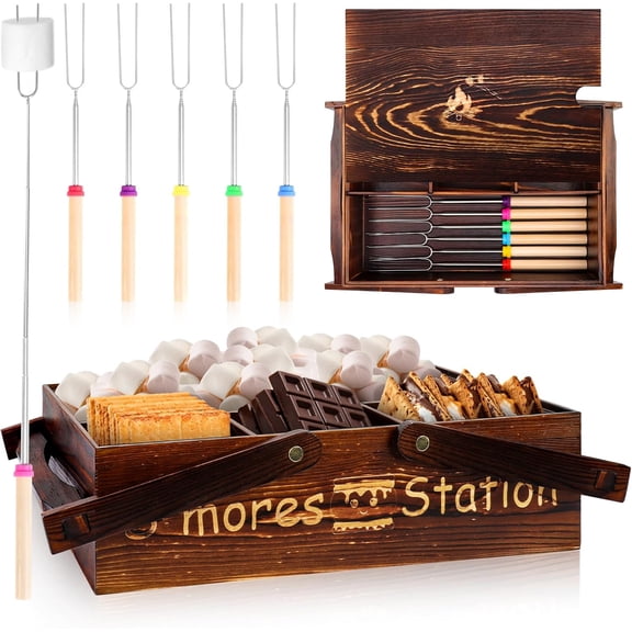 Portable Smores Kit 4 In 1 Smores Caddy Organizer with Handle 6 Pcs 32 Inch Marshmallow Roasting Sticks Dark Brown Smores Basket Tray with Handles Wooden Smores Maker Box with Lid for Camping Outdoor