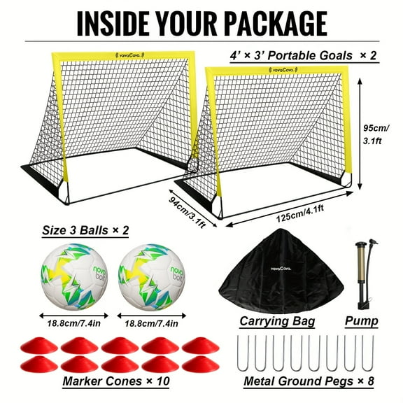 Portable Soccer Goals Set - 4'x3' Pop-Up Design - Includes 2 Nets, 2 Balls & Pump - Backyard, Beach & Park Play"