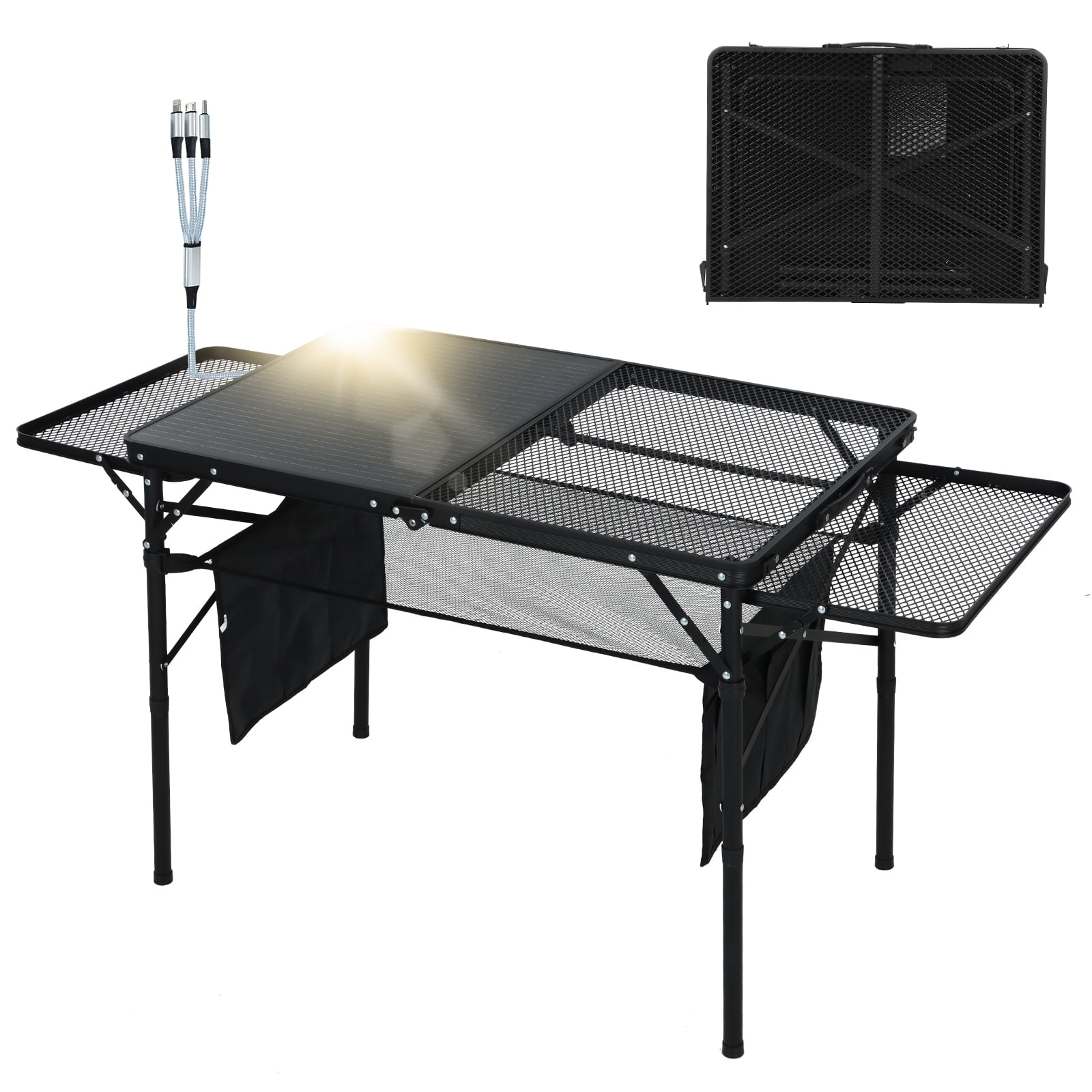 Black Steel Portable Solar Camping Grill Table with USB & Storage