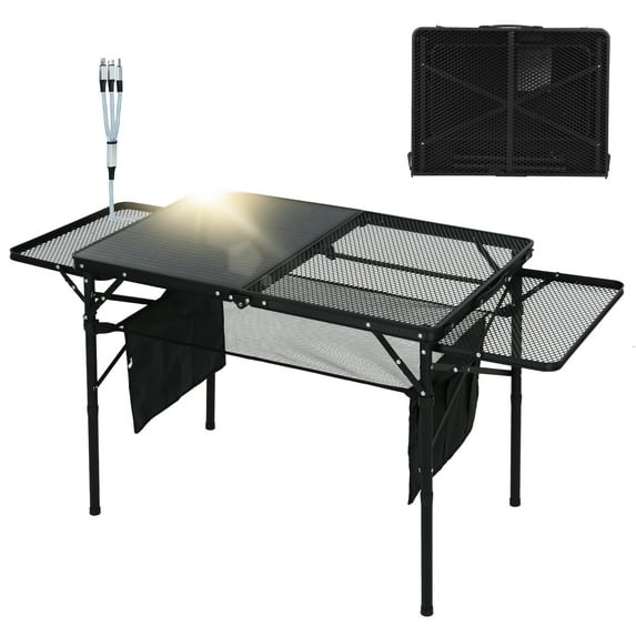 Portable Solar Camping Grill Table with USB, Type-C & DC Outlets, Folding Design, 2 Side Shelves, Outdoor Tailgate Table