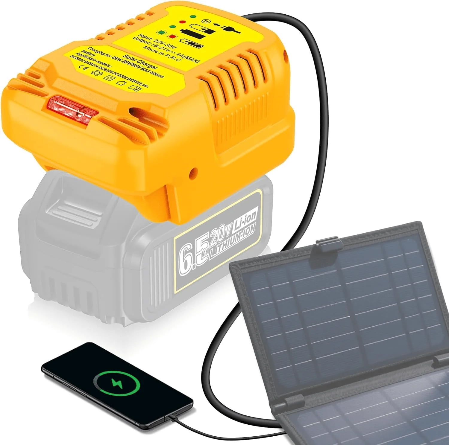 Portable Solar Charger Adapter for De*Walt 20V 60V Battery, for Outdoor ...