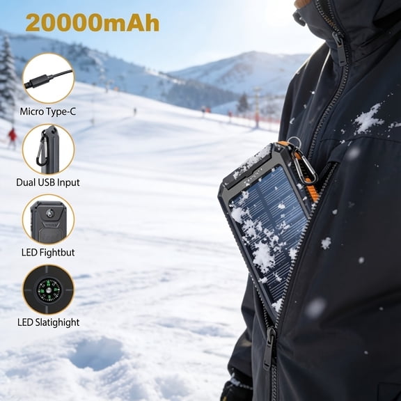 Portable Solar Power Bank 20000mAh with Dual USB & LED Flashlight, Solar Phone Charger for iPhone Samsung Android, Outdoor Camping Emergency Battery Charger with Compass