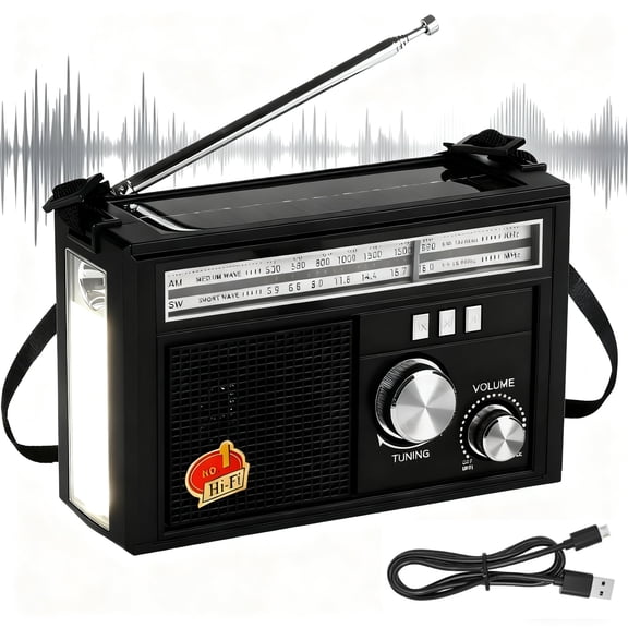 Portable Solar Radio, 1200mAh Weather Radio for Outdoor, Portable Rechargeable Solar Weather Radio with LED Flashlight, Long Battery Life Survival Gear, Outdoor Supplies for Camping Trips(Black)