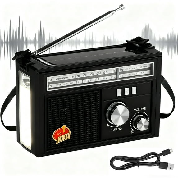 Portable Solar Radio, 1200mAh Weather Radio for Outdoor, Portable Rechargeable Solar Weather Radio with LED Flashlight, Long Battery Life Survival Gear, Outdoor Supplies for Camping Trips(Black)