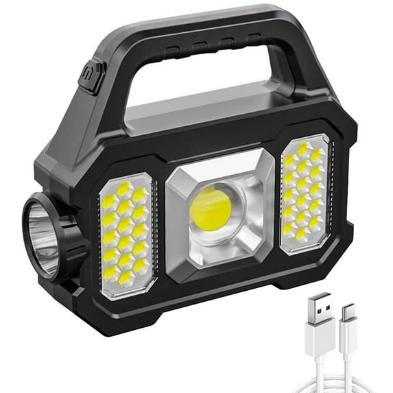 Portable Solar Searchlight LED Spotlight Solar/USB Rechargeable Powerful Flashlight Dual Light Source Searchlight Waterproof 6 Gears Torch Light for Camping Emergency Outdoor