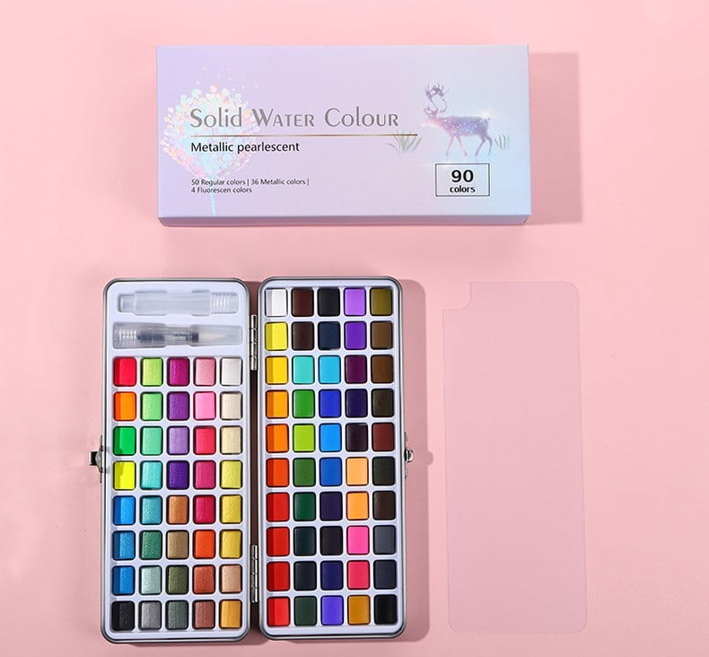 Portable Solid Watercolor Paint Set, 24-Color Artist Paint Kit with Water Brush Mixing Palette for Sketching Painting Home Studio Outdoor Art Projects