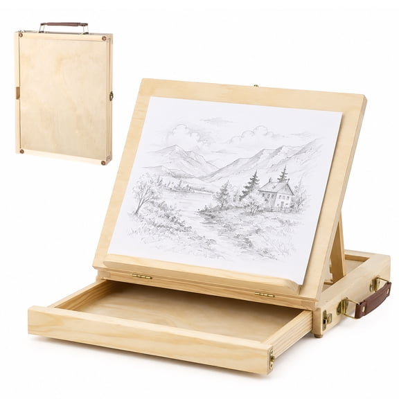 Portable Solid Wood Sketchbox Easel, Foldable Desktop Painting Stand with Storage Drawer, 19.7 in Extendable Board with 4 Adjustable Angles for Outdoor Sketch & Studio Use