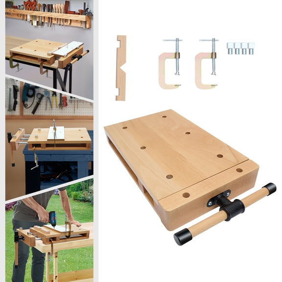 Portable Solid Wood Vise Workbench, Compact Desktop Wood Clamping Bench with 2 G-Clamps & Metal Limit Blocks for Workshop