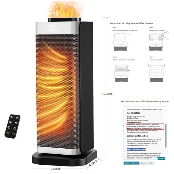 Portable Space with Humidifier and Ambient Light, 1500W Electric for Home Office