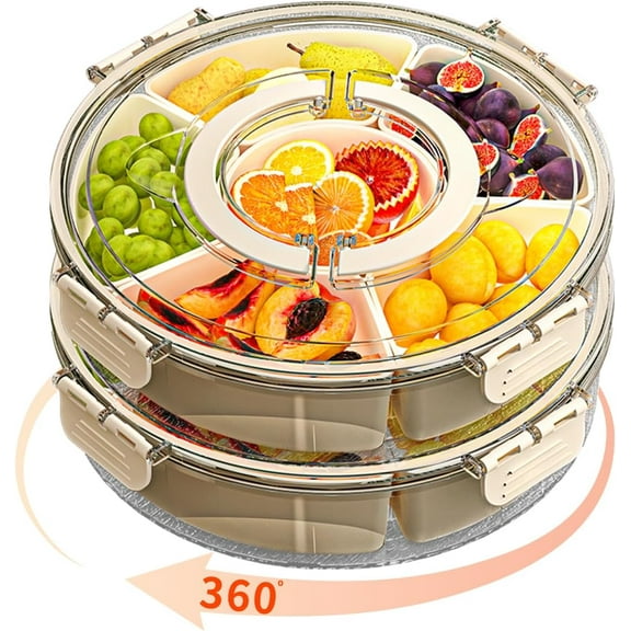 Portable Spinning Rounded Veggie Tray for Kitchen, Party, Trave and Picnic, Stackable Snackle Box Container for Fruits Candy Organizer, Divided Serving Tray with Lid and Handle