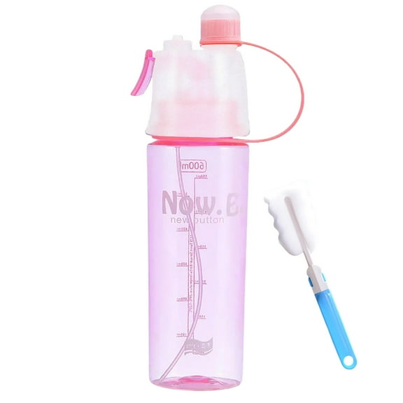 Portable Sports Water Bottle with Spray Mist and Measurement for Adult, Blue, 600ml,Free Bottle Brush Included