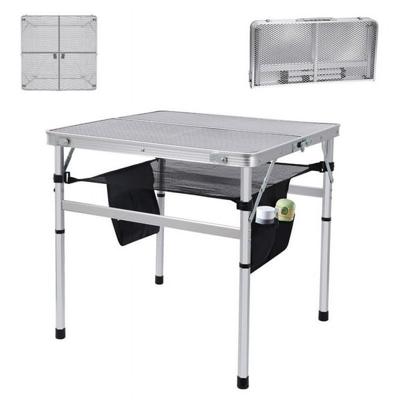 Camping Table, Folding Table, Square Table, Grill Table, Outdoor Table with Mesh Net & Storage Side Pockets, Height Adjustable (Small)